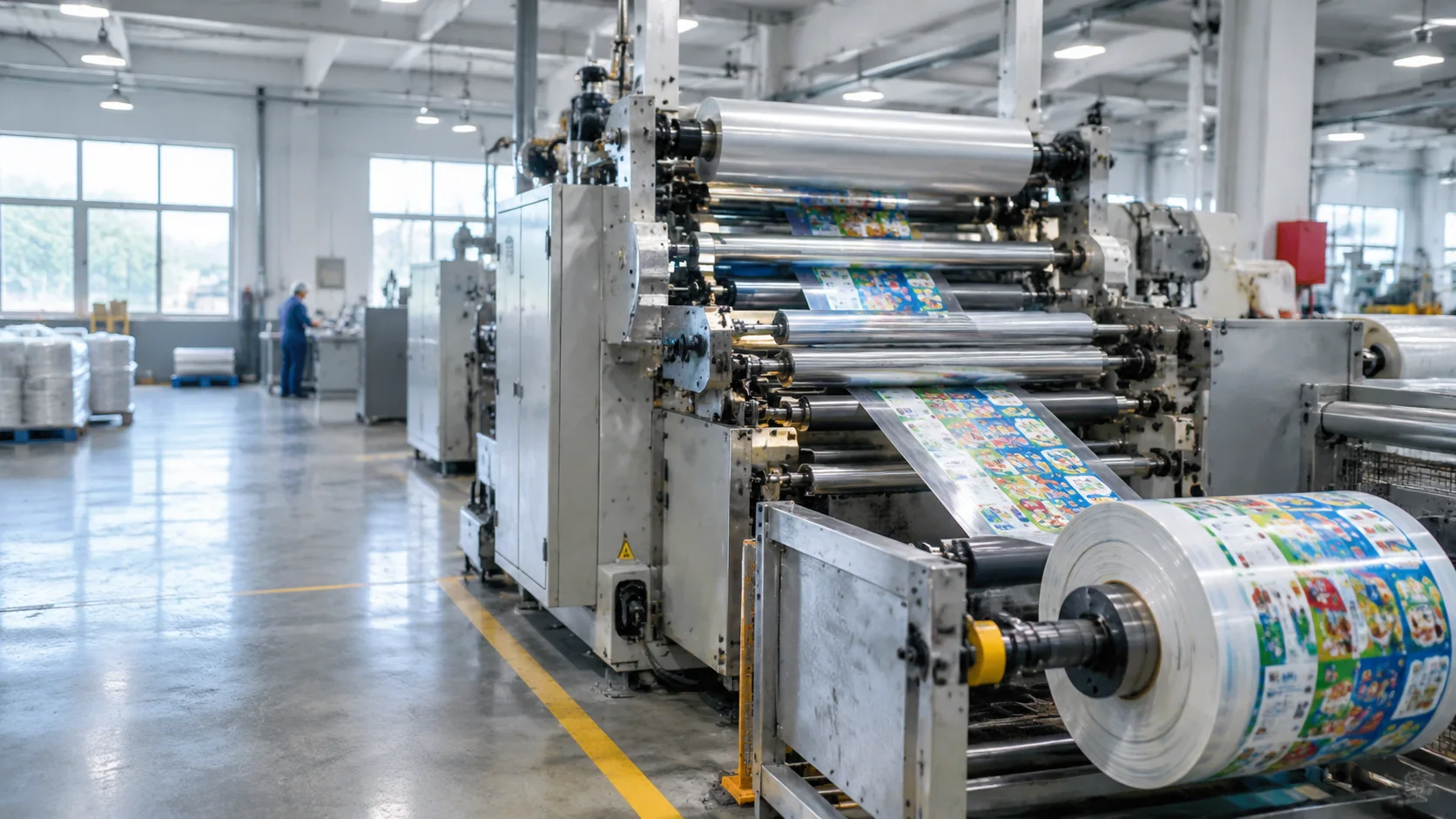 Printed flexible film running through production equipment